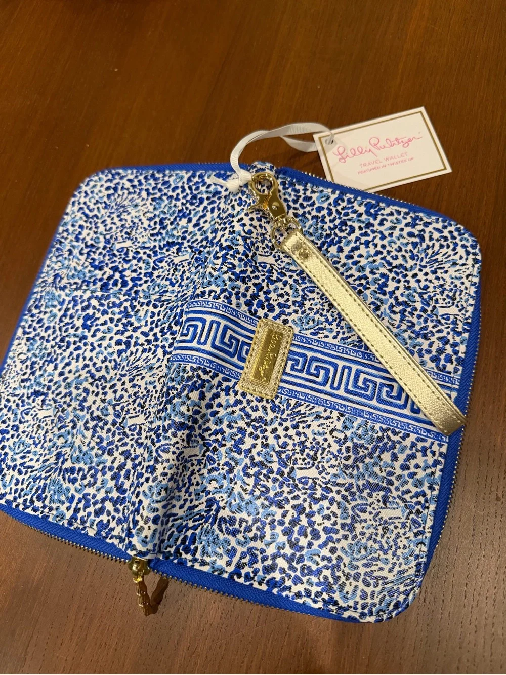 Lilly Pulitzer Blue and White Printed Travel Wallet Wristlet with Gold Strap